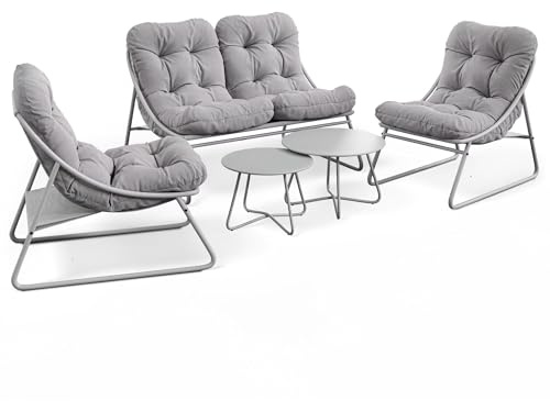 di volio Gartenmöbel Set ARSOLI – grau, Moderne Gartenlounge aus Stahl, 1x Sofa, 2X Sessel, 2X Tisch, wetterfest & bequem