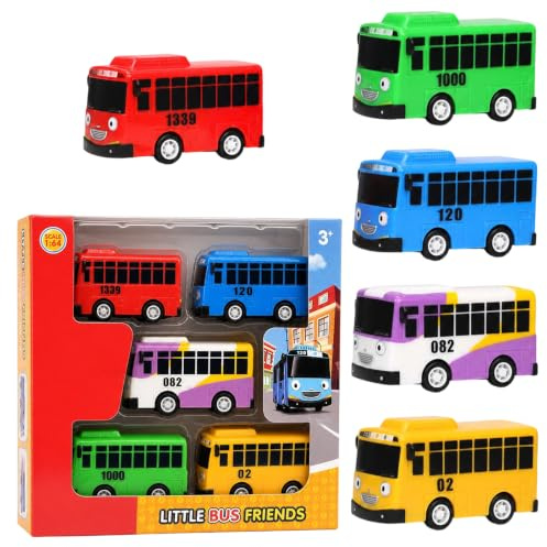 RJFUJP Tayo The Little Bus Toys, colección de autobuses de juguete de 5 piezas, modelos de acción pull-back de Tayo The Little Bus, juego de exhibición de escritorio, surtido de vehículos urbanos.