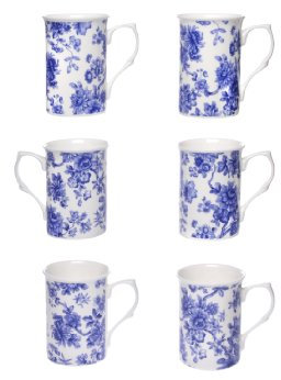 (Item 1S) Kirsty Jayne China- 10Fl oz Bone China Blue Floral Chintz Beakers, Mugs, Cups- Packed in a Kirsty Jayne China Gift Boxed (Set of 6)