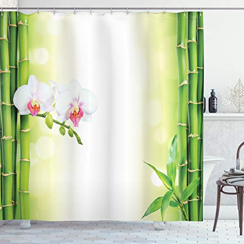 ABAKUHAUS Spa Duschvorhang, Orchideen Bambuszweige, Stoffliches Gewebe Badezimmerdekorationsset mit Haken, 175 x 200 cm, Grün und Weiß