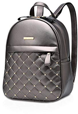 NICOLE & DORIS Damen Mode Rucksack Schultasche Rucksack Umhängetasche mit Niet Leicht Gitter Beiläufig Tagesrucksack PU Leder Silber-Grau