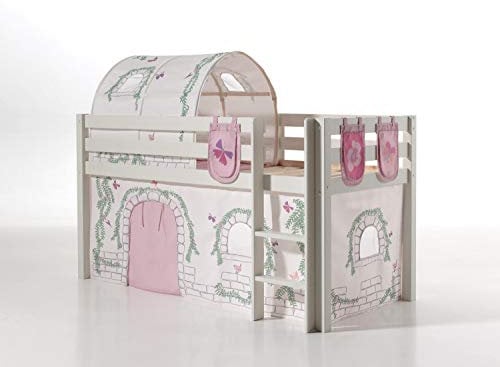 Vipack Spielbett Pino mit Textilset Vorhang, Tunnel und 3 Taschen Birdy Kiefer massiv weiß lackiert