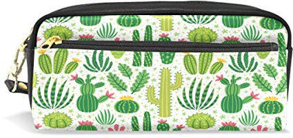 HMZXZ RXYY Federmäppchen Tropisch Kakteen Kaktus für Student Groß Kapazität Reißverschluss PU Leder Mäppchen Schreibwaren Kosmetik Makeup Tasche für Mädchen Jungs Frauen