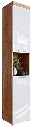 Newroom Badezimmerschrank Hochschrank Wildeiche Weiß Hochglanz mit viel Stauraum - 37x190x31 cm (BxHxT) - Bad Schrank Badezimmer Badezimmermöbel - [Trinity.Nine]
