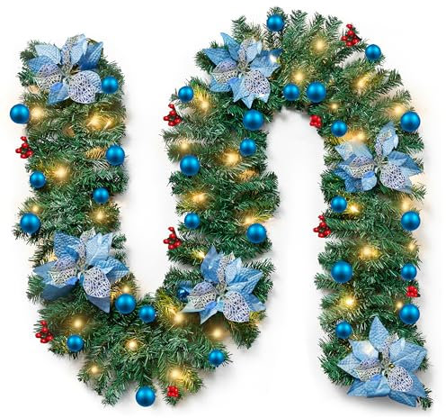 Christmas Garland with Lighting Decoration, 9Ft/2.7M Decorated Garlands with Flower Ball for Stairs Fireplace Wall Door Xmas Tree Garden Yard Outdoor Indoor Decor (Blue)