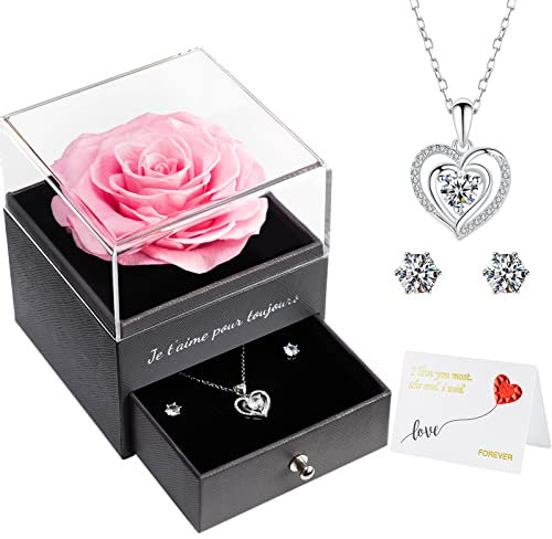 Miofula Rose Eternelle Coffret Cadeau Femme, Fleur Eternelle avec Argent 925 Collier Boucles d'oreilles Bijoux Cadeau Anniversaire Femme Maman, Cadeau Noel Femmes Saint Valentin Fete des Meres