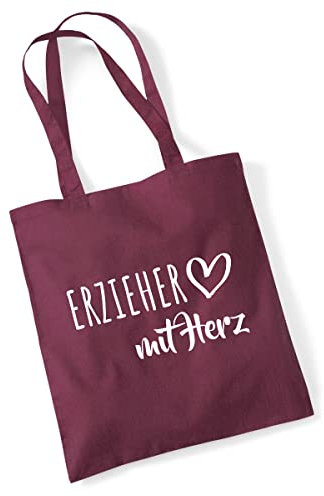 Huuraa Einkaufsbeutel Erzieher mit Herz Geschenk 10 Liter Burgundy Baumwolle Erzieher Überraschung