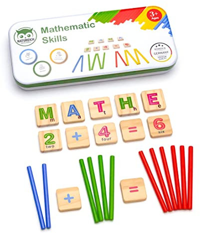 Natureich Mathe Montessori ABC Spielzeug Holz Metallbox zum Aufbewahren Zahlen Lernen Rechenstäbchen 1x1 ab 3 Jahre für frühe Motorik Entwicklung
