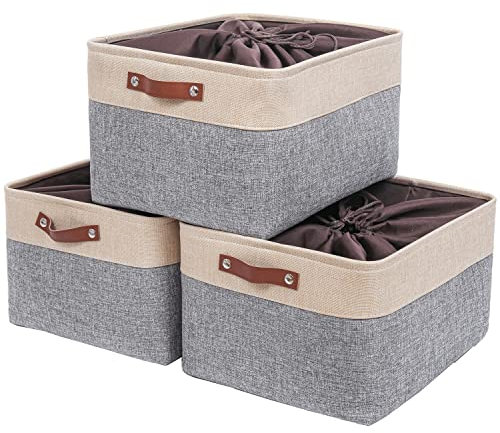 Mangata Aufbewahrungskorb,[3er Pack] Extra große Aufbewahrungsbox Stoff, Box für Schrank, Decke und Kleidung(XLarge, Grau/beige)