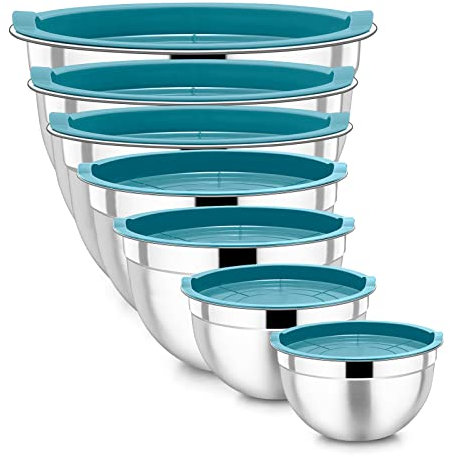 Homikit Rührschüssel, 7 Stück Edelstahl Schüssel Salatschüssel Set mit Luftdichtem Deckel für Kochen/Backen/Servieren, Stapelbar, Spülmaschinenfest, 6,5/4,5/2,7/2,5/1,5/1,2/0.7L, Blau