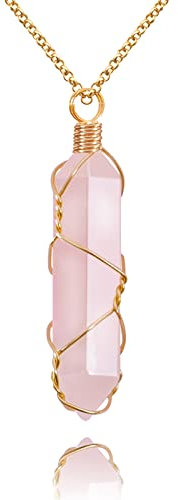 VIBILIA Healing Crystal Necklace Wire Wrapped Natural Point Pendant Necklace Hexagonal Reiki Spiritual Quartz Gemstone Stone Jewelry for Women Men, copper alloy, Quartz