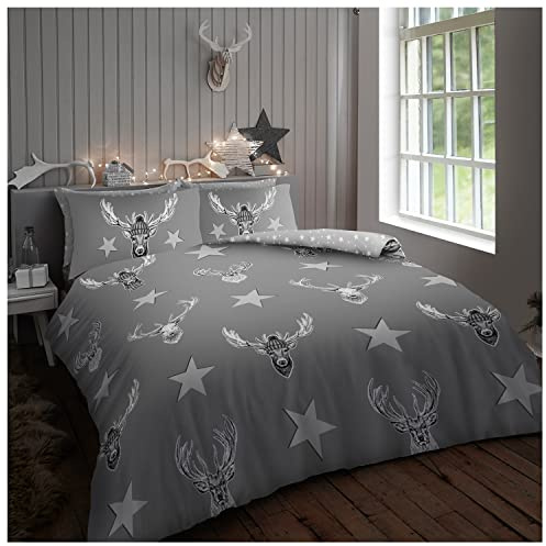 GC GAVENO CAVAILIA Stag Duvet Set King Size, Reversible Printed Star Bedding Set, Washable Polycotton Animal Quilt Covers, Grey