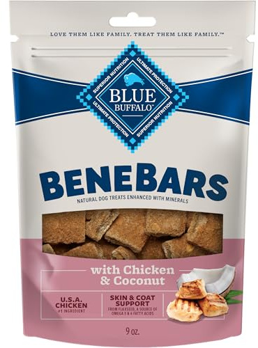Blue Buffalo BeneBars Skin & Coat Support Dog Treats with Omega 3 & 6 Fatty Acids, Made with Natural Ingredients, USA Chicken & Coconut, 9-oz. Bag