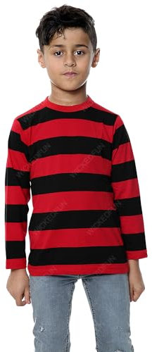The Fancy Dress® Children’s Unisex Striped T-Shirt - Boys Girls Crew Neck Long Sleeve Stripes T-Shirt Book Week Casual Summer Top (Red & Black, 5-6 Years)