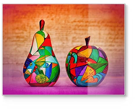 DEQORI Schneidebrett aus Glas | groß 40x30 cm | Motiv Bunte Holzfrüchte | Design Schneideplatte für Küche | Frühstücksbrett antibakteriell & rutschfest | Glasplatte & Servierplatte