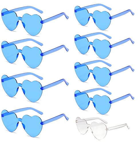Sporgo Bride Herz Brille, 9 Stück Partybrille Herz Sonnenbrille,1 Braut + 8 Team Braut Brille,Randlose Sonnenbrille für Braut Junggesellinnenabschied Frauen Accessoires und Hochzeitsfeier (Blau)