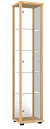 K-Möbel Glasvitrine in Buche (176x37x33 cm) mit 4 höhenverstellbaren Glasböden & Spiegel - Modellauto Vitrine Buche - Vitrinenschrank Buche - Sammlervitrine - Wohnzimmerschrank Regal Glas