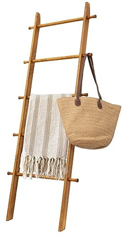 HYBDAMAI Blanket Ladder, 5-Tier Wooden Quilt Stand, Decorative Ladder Shelf, Farmhouse Ladder Blanket Holder, Wall Leaning Blanket Ladder Towel Storage Rack for Living Room, Walnut