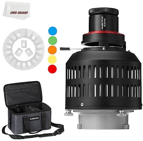 AMBITFUL AL-18 Pro Projektor LED Licht Snoot, Bowens Mount Optical Snoot Light Zylinder, Strahler für Fotografie, für VL150 SL60W SL60II SL150II SL50III LED-Licht mit 40 Stück GOBO + Tasche