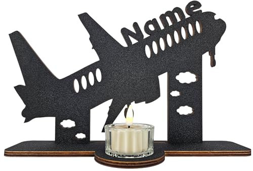 Waluna® Flugzeug Taufgeschenk Geburtstagsgeschenk Teelichthalter personalisiert mit Name Geburt Geburtstag für Kinder Babys in 12 Farben