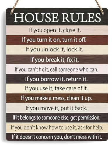 House Rules Decor For Home Farmhouse, Family Rules Wall Art Holzschild, Bauernhaus Wohnzimmer Küche Rustikales Hängeschild, Set von 1 Holzschild mit Seil – J18