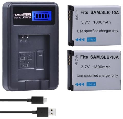 PowerTrust Lot de 2 batteries SLB-10A et chargeur pour Samsung EX2F, ES55, ES60, WB200F, WB250F, WB280F, WB350F, WB500, WB550, WB700, WB750, WB800F, WB1100F, NV9, L100, L100. 110 mm. 310 W