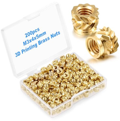 200 Stück 3D Gewindeeinsatz, M3×4×5mm Einpressmuttern, Messing Einbettung Muttern, Rändelmuttern, Threaded inserts für 3D Druck Loptop Automobil Kunststoffschale