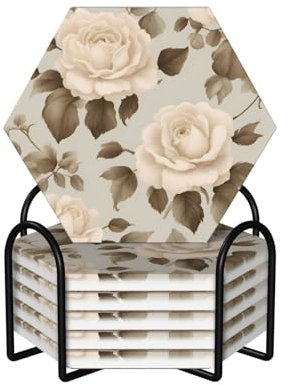 Hexagon 6 sottobicchieri in ceramica color crema con motivo floreale shabby rose: fondo in sughero antiscivolo, adatto a tutte le tazze da caffè, bicchieri e tazze