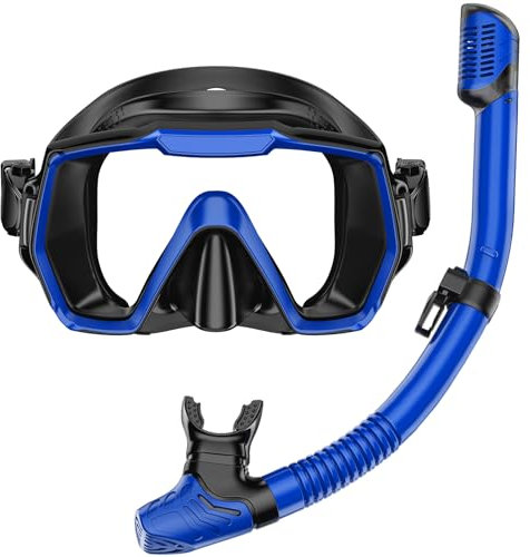 Schnorchelset Erwachsene Schnorchelausrüstung Anti-Leck und Anti-Beschlag gehärtete Glaslinse Panoramablick Schwimmmaske Trockenschnorchel-Kit für Schnorcheln Tauchen mit Tragetasche Blau