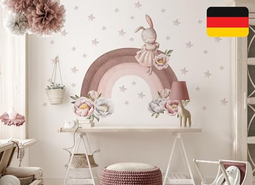 Wandtattoo Kinderzimmer: Hase & Regenbogen Babyzimmer Deko os2464