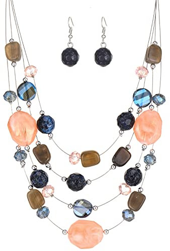 FULU AUTUMN Chunky Statement Kette Damen Mehrreihige Perlenkette und Ohrringe Modeschmuck Set für Frauen Mama Frau Oma Muttertags Geschenk(2-Blue pink colorful)