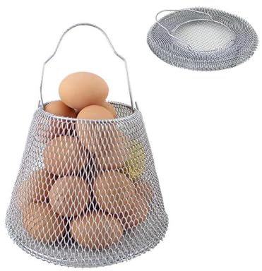 ROLUXENTIA Collapsible Round Egg Basket - Metal Wire Storage with Handles, Perfect for Hanging & Family Farm Gathering - Silver for Chicken Farm, Holds 25 eggs