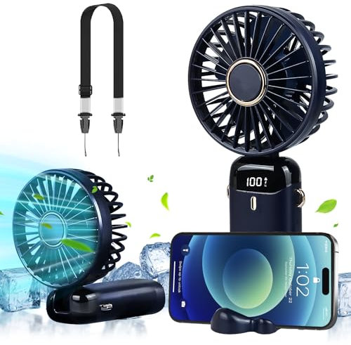 LAMJAD Handventilator, Mini Ventilator Tragbarer Kleiner Taschenventilator Mit 5 Geschwindigkeitsstufen Digitalanzeige und Faltbarer USB Fan für Outdoor Büro Reisen (Dunkelblau)