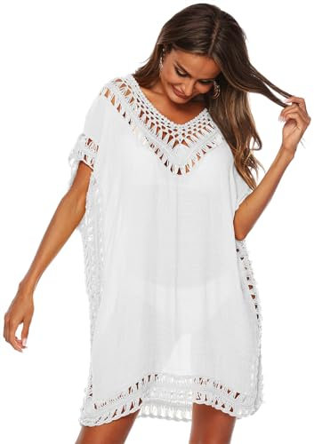 KANDEMY Damen Sommer Bikini Cover Up V-Ausschnitt Strand Poncho Strandkleid mit Cutout Crochet Sommer Kleider für Urlaub Weiß L