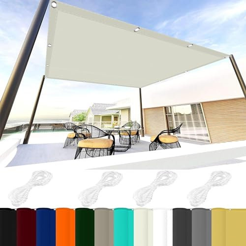 Gartenüberdachung 6 x 8 m 98% UV Schutz Sonnensegel Terrassenüberdachung mit Ösen Und Kordel,PES Polyester für Balkon Terrasse Garten Camping, Elfenbein