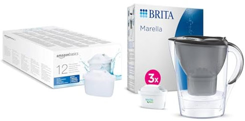 Amazon Basics Water Filter Cartridges, 12 Pack, fits and Compatible with All BRITA jugs incl & BRITA Marella Water Filter Jug Starter Pack - Graphite (2.4L) incl. 3X MAXTRA PRO All-in-1 Cartridge