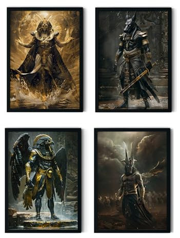 MJ-GRAPHICS® Poster Set Ägypten Götter Krieger Jungen Gamer & Jugendzimmer Bilder Anubis Poster Gaming Zimmer Deko, 4xA4 Osiris, Pharao, Horus Re, Bilder Wanddeko Deko Bilder Gaming Deko ohne Rahmen
