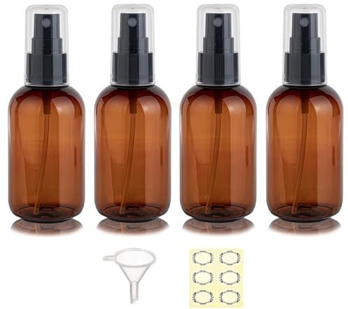 Apstaqeoo 4Pcs 80Ml Travel Bottles Plastic Sprayer Bottle Dispenser for Toiletries, Empty Refillable Pump Bottle TSA Approved Travel Container with Funnel & Labels for Liquid Cosmetic (Brown)