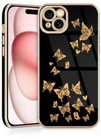 JRIANY for iPhone 15 Case, Flexible Silicone Case Protective Phone Case with Design Cute Animal Pattern Shockproof Bumper Cover Compatible with Apple iPhone 15 - Black Butterfly