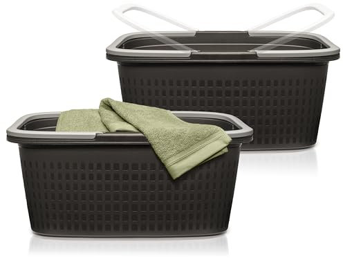 Hausfelder Wäschewanne mit Henkel 58x37x25cm, Wäschekorb groß 2er Set, Wäschekörbe stabil mit Griff aus Kunststoff 35l (Anthrazit-Schwarz, 2 Wannen)