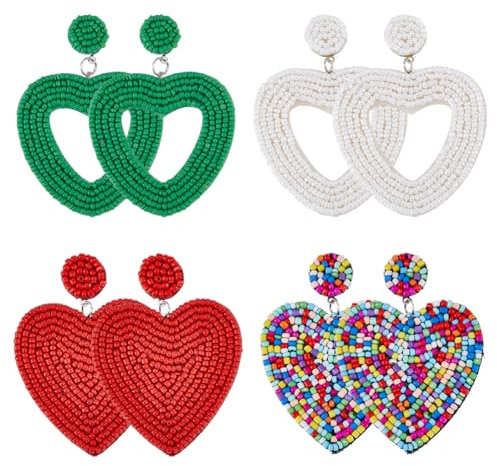 SUPERFINDINGS 4 Paar Baumelnde Ohrringe Mit Perlen Großes Herz Böhmische Herz Ohrstecker Glasperlen Tropfenohrstecker Zarter Valentinstag Festival Schmuck Geschenke Für Frauen Und Mädchen