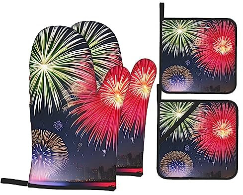 Splendid Fireworksk- Juego de 4 manoplas de horno y almohadillas para tapa de olla, guantes de horno gruesos para hornear, cocinar y mucho más.