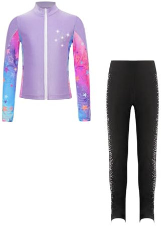 FEESHOW Kinder Mädchen Eiskunstlauf Anzug Glitzer Strass Bedruckte Jacke Eiskunstlauf Hose Set Wettkampf Workout Sport Outfit Skating Suit Violett 122-128