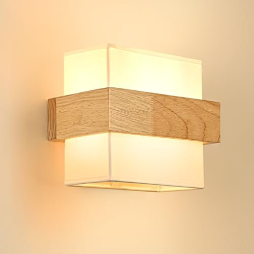 Gleonlux Wandleuchte Holz Innen, Vintage Wandlampe innen mit E14 Fassung, Retro Wandleuchten Boho aus Stoffbezug, Wandbeleuchtung Industrial für Treppenhaus Wohnzimmer Schlafzimmer Flur, Quadrat