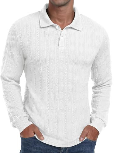 Sailwind Polo Shirts for Men Long Sleeve Tops Texture Knitted Polo Golf Work T Shirt with Buttons (White, XL)