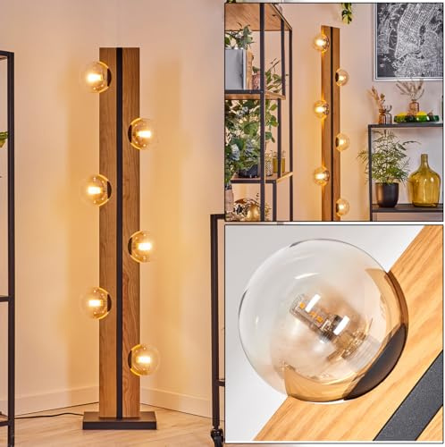HOFSTEIN Stehleuchte Chehalis, 6-flammige Stehlampe aus Holz/Metall/Glas in Natur/Schwarz/Bernstein/Klar, Leuchte im Vintage-Design, 120 cm, G9, Fußschalter - Wohnzimmer, Schlafzimmer, Esszimmer, Flur