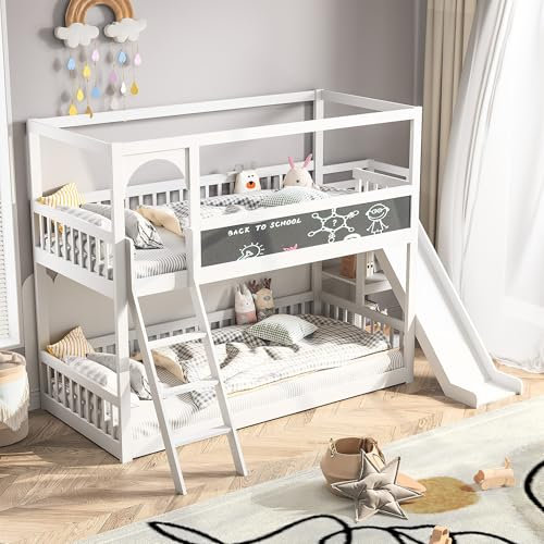 BRILVERDE Bett 90x200 cm, Hochbett mit Sicherheitsgitter, Treppe und Rutsche, Doppelbett mit Bücherregal und Schreibtafel, Massivholzbett für Jugendliche (Weiß, 90 x 200 cm)