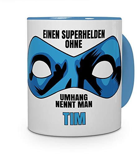 printplanet Tasse mit Namen Tim - Motiv Superhelden ohne Umhang - Namenstasse, Kaffeebecher, Mug, Becher, Kaffeetasse - Farbe Hellblau