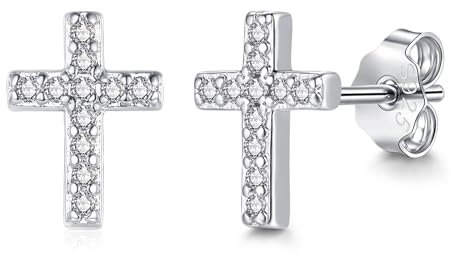 Zolkamery Ohrstecker Silber 925, Klein Silber Kreuz Ohrringe Stecker mit Zirkonia, 925 Sterling Silber Damen Vergoldete Ohrstecker, Unisex Hypoallergene Schlafen Ohrstecker für Mädchen Männer Kinder