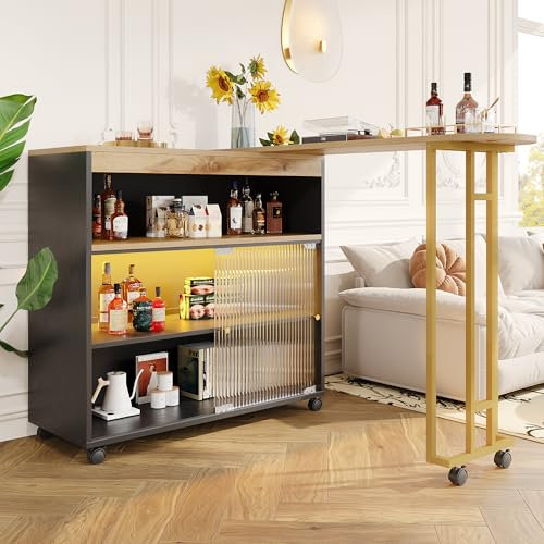 Merax Table de bar extensible avec espace de rangement et LED, table haute moderne avec fonction télescopique, table de bistrot mobile avec portes coulissantes et roulettes, table haute pour cuisine,